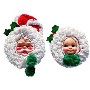 VTG Kitsch Handmade Hand Crochet Mr & Mrs Santa Claus Plastic Face Wall Hangings